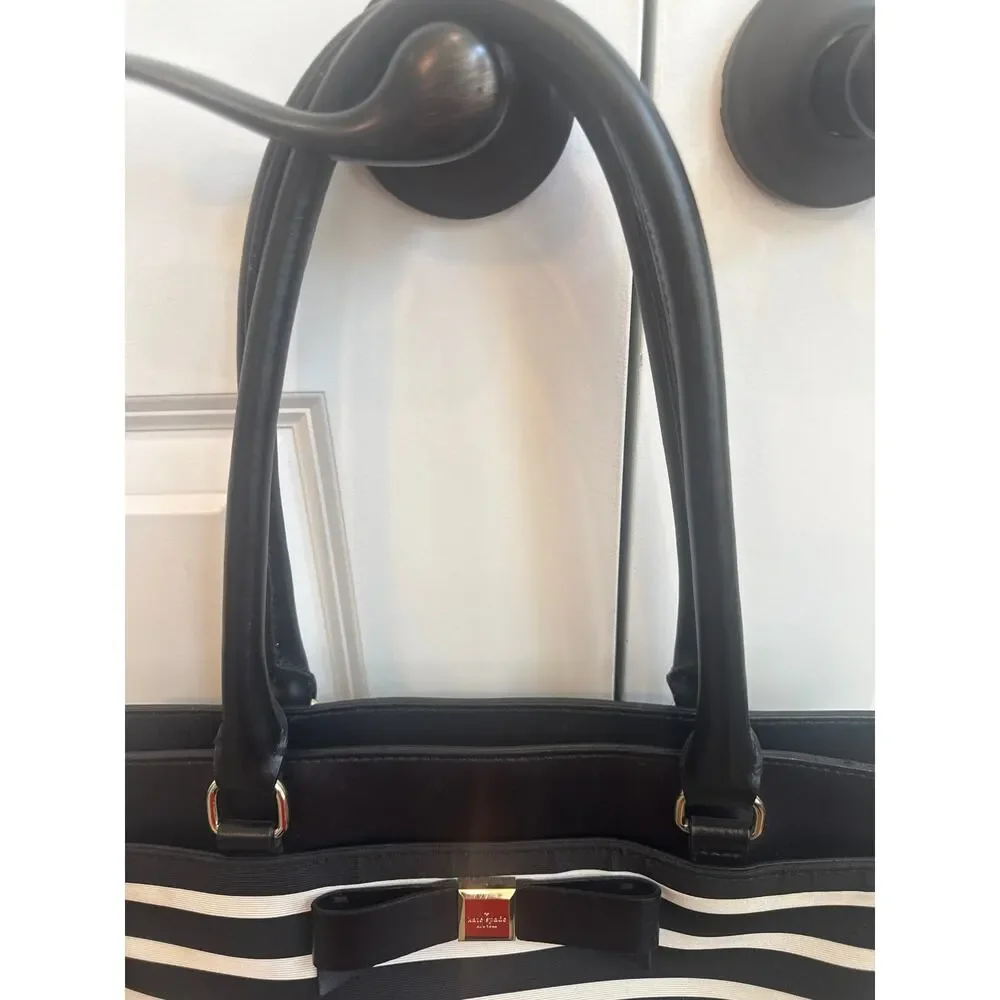 Kate Spade Black Leather with Black and White Striped Shoulder Tote Bag
